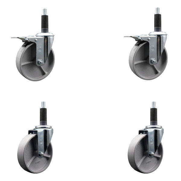 5'' Semi Steel Swivel 1'' Expanding Stem Caster Set 2 Total Lock Brakes, 4PK